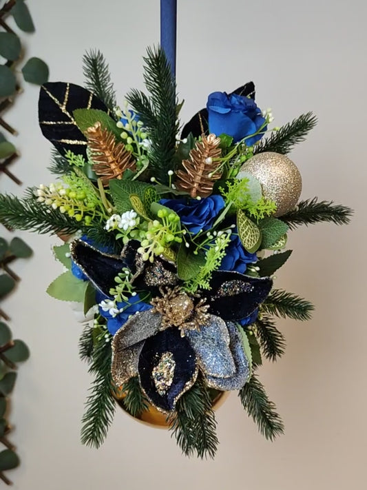 Gold Navy Blue Silver Flower Christmas Gold Bauble Artificial