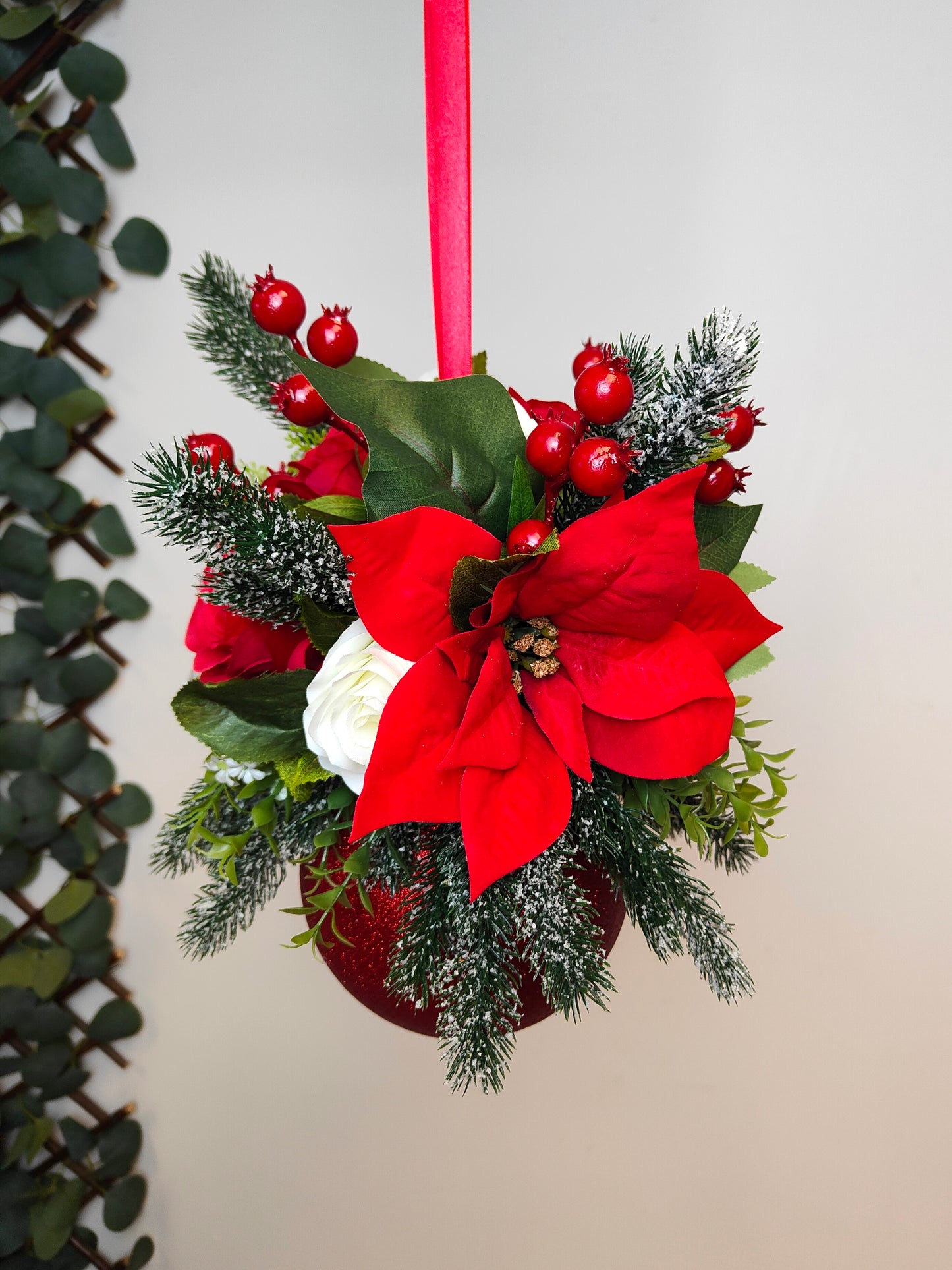 Red Cream Poinsettia Flower Christmas Red Glitter Bauble Artificial
