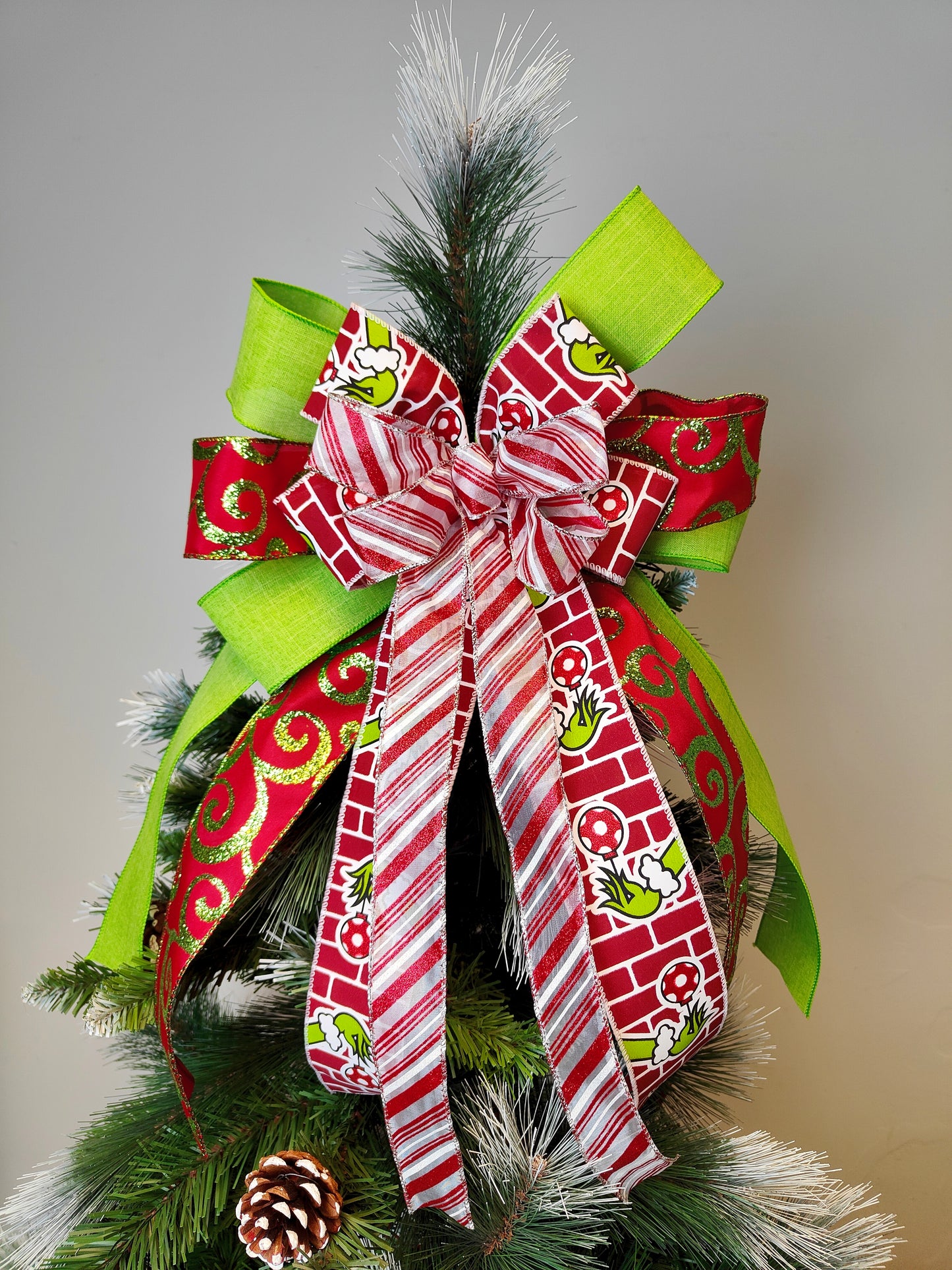Glitter Christmas Green Monster Tree Topper Bow 14 inch