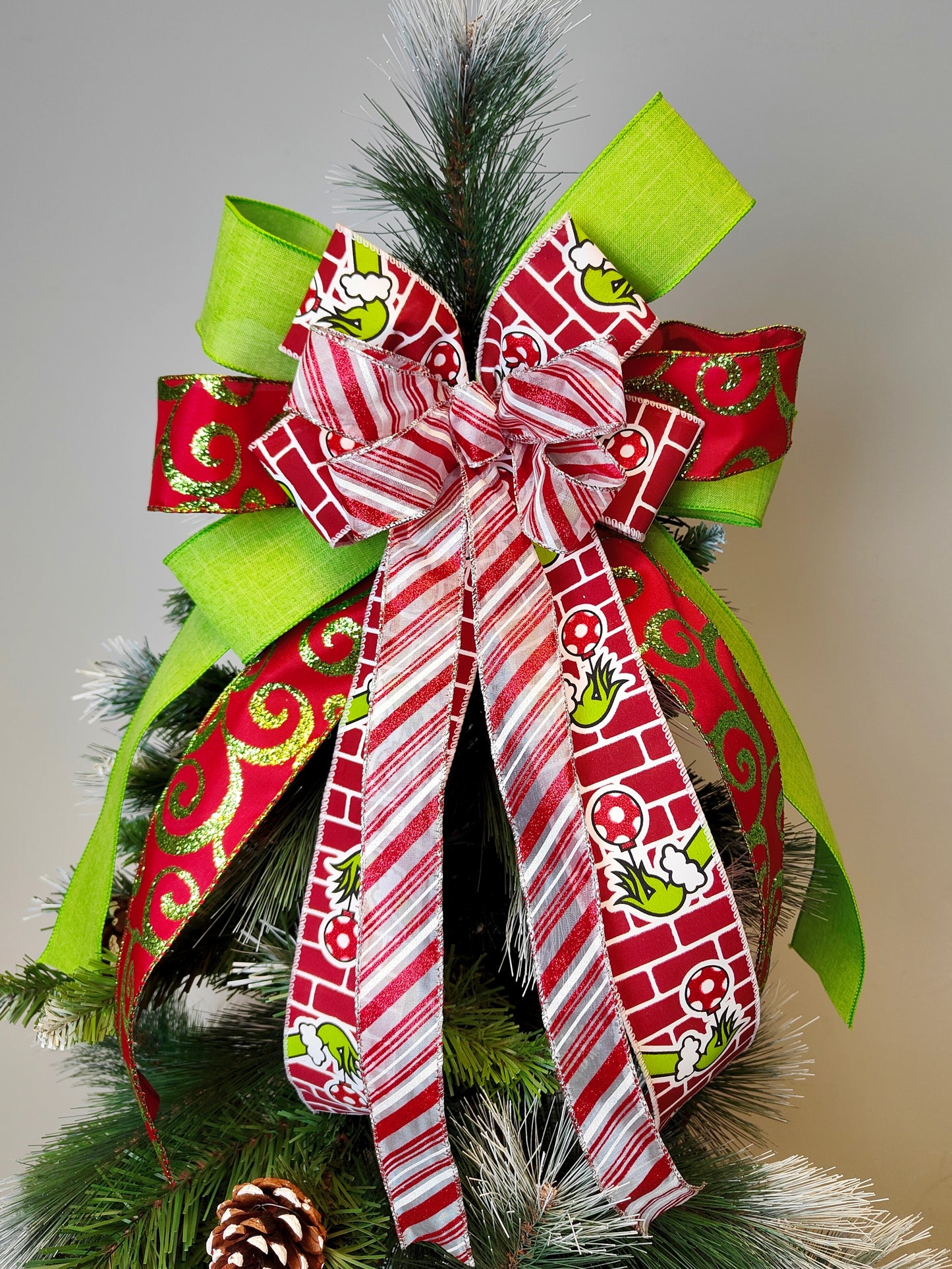 Glitter Christmas Green Monster Tree Topper Bow 14 inch