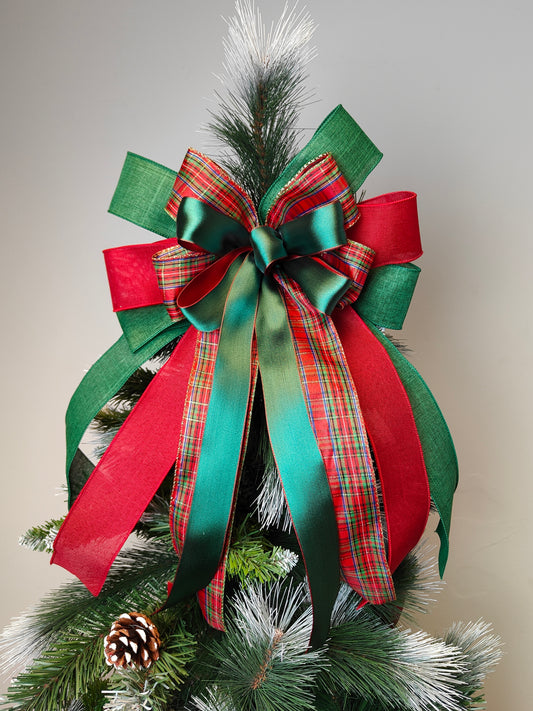 Red Green Tartan  Christmas Tree Topper Bow 14 inch