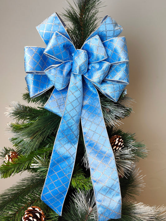 Deluxe Harlequin Glitter Velvet Bow Light Blue