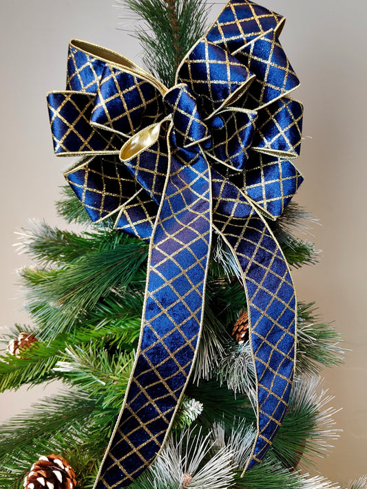 Deluxe Harlequin Glitter Velvet Bow Navy Blue Gold