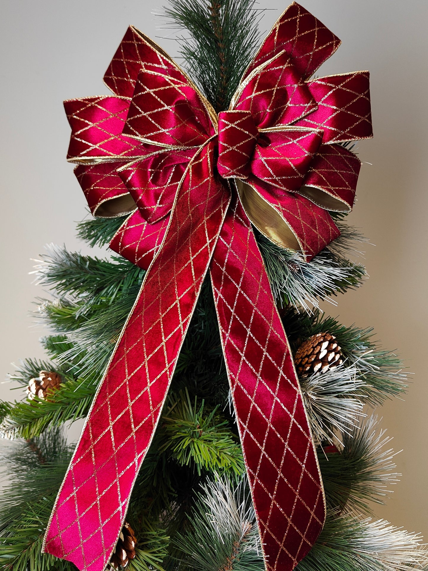 Deluxe Harlequin Glitter Velvet Bow Burgundy Gold