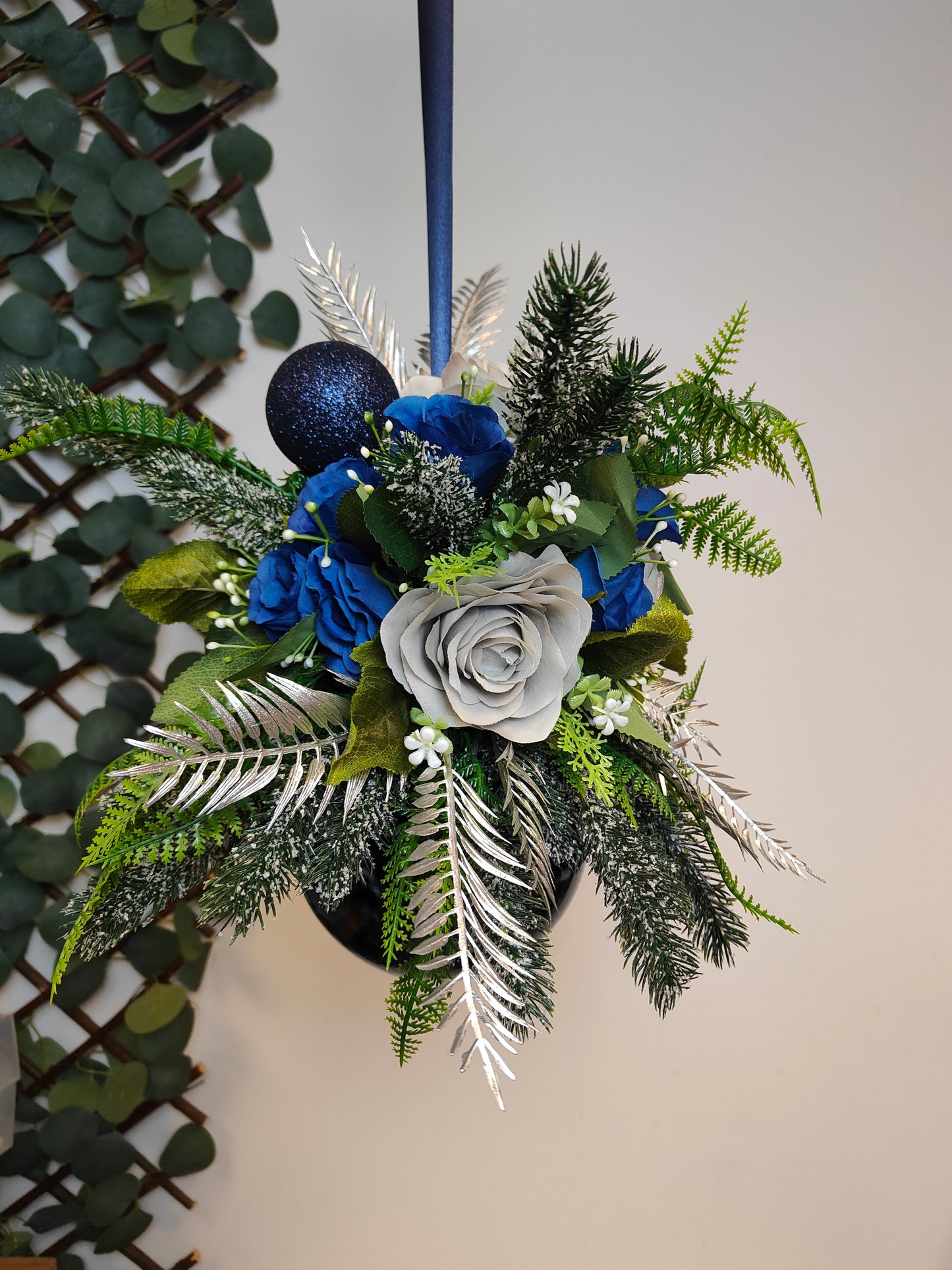 Grey Navy Blue Silver Flower Christmas Navy Bauble Artificial
