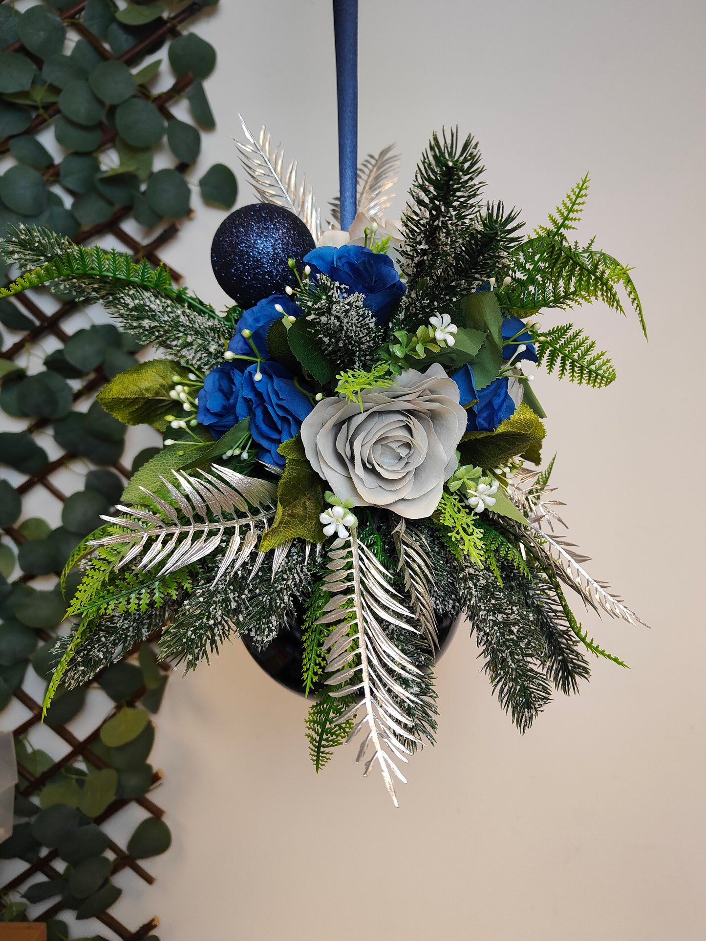 Grey Navy Blue Silver Flower Christmas Navy Bauble Artificial