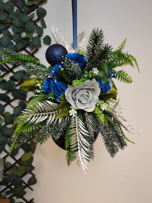 Grey Navy Blue Silver Flower Christmas Navy Bauble Artificial