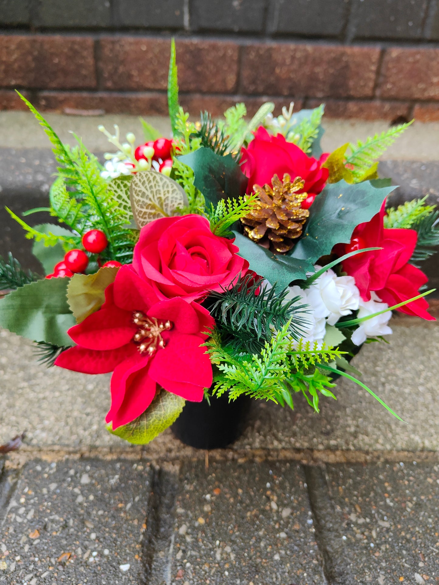 Red Poinsettia Christmas Artificial Flower Grave Pot Free P&P
