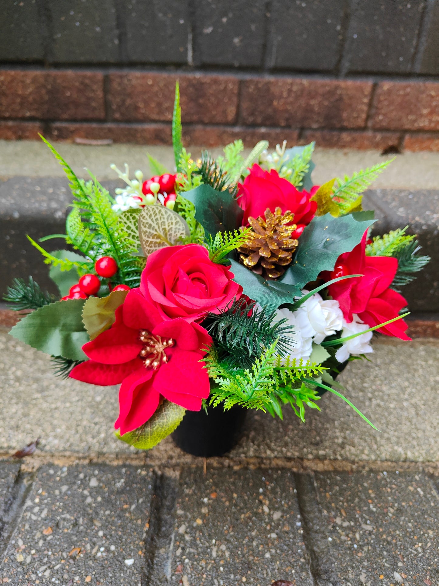 Red Poinsettia Christmas Artificial Flower Grave Pot Free P&P