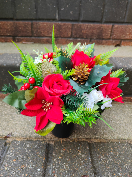 Red Poinsettia Christmas Artificial Flower Grave Pot Free P&P