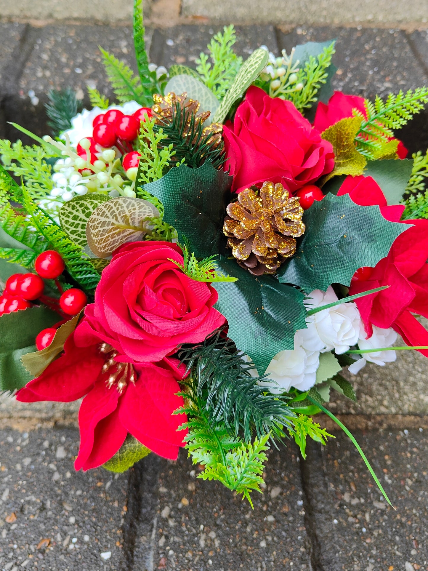 Red Poinsettia Christmas Artificial Flower Grave Pot Free P&P