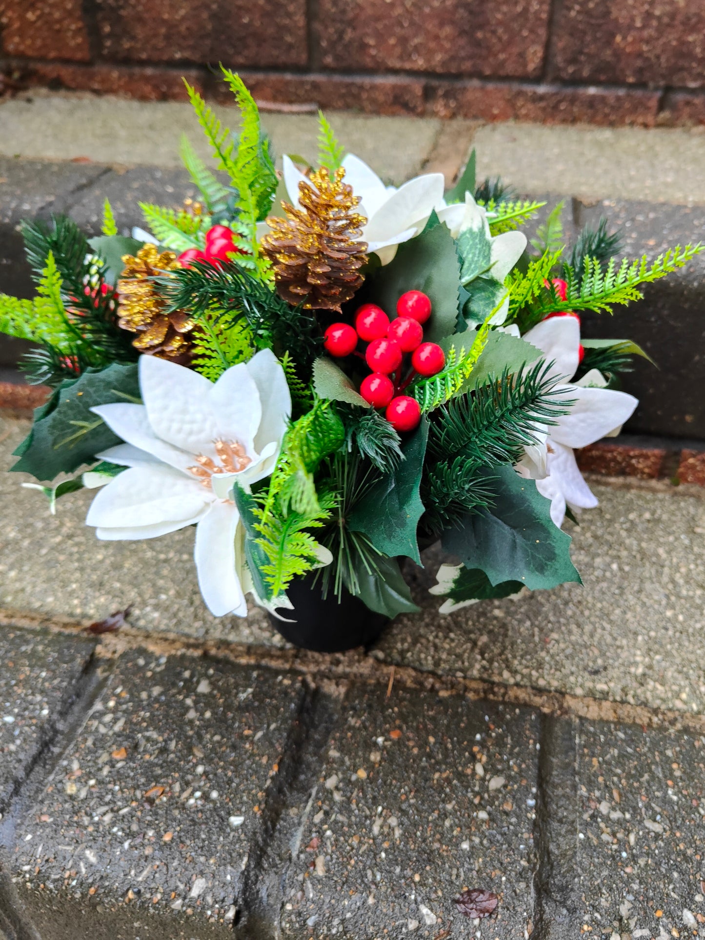 White Poinsettia Christmas Artificial Flower Grave Pot Free P&P