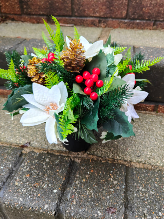 White Poinsettia Christmas Artificial Flower Grave Pot Free P&P