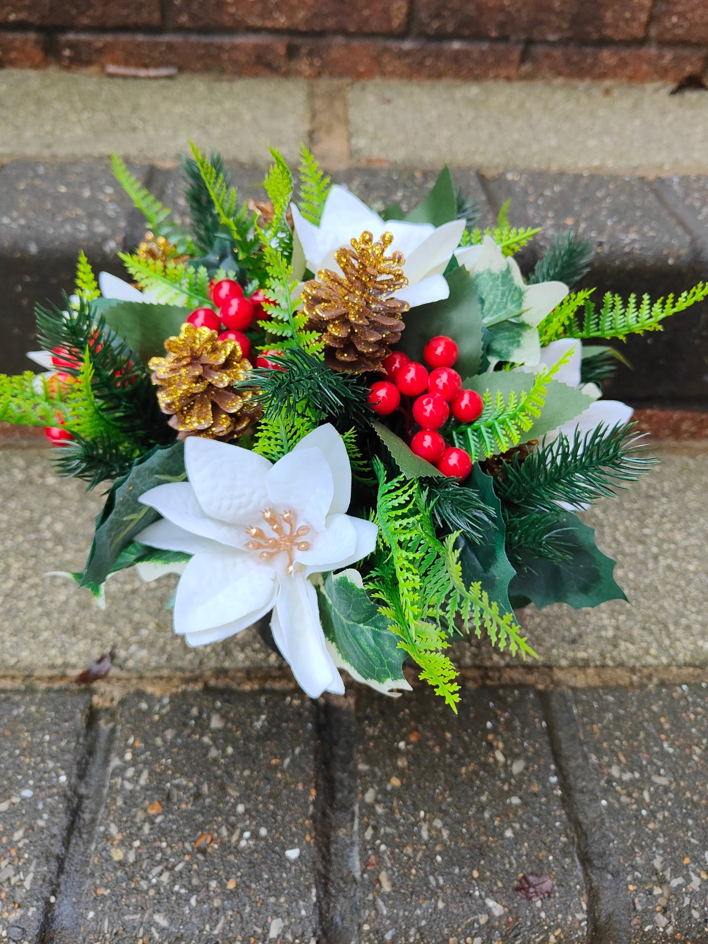 White Poinsettia Christmas Artificial Flower Grave Pot Free P&P