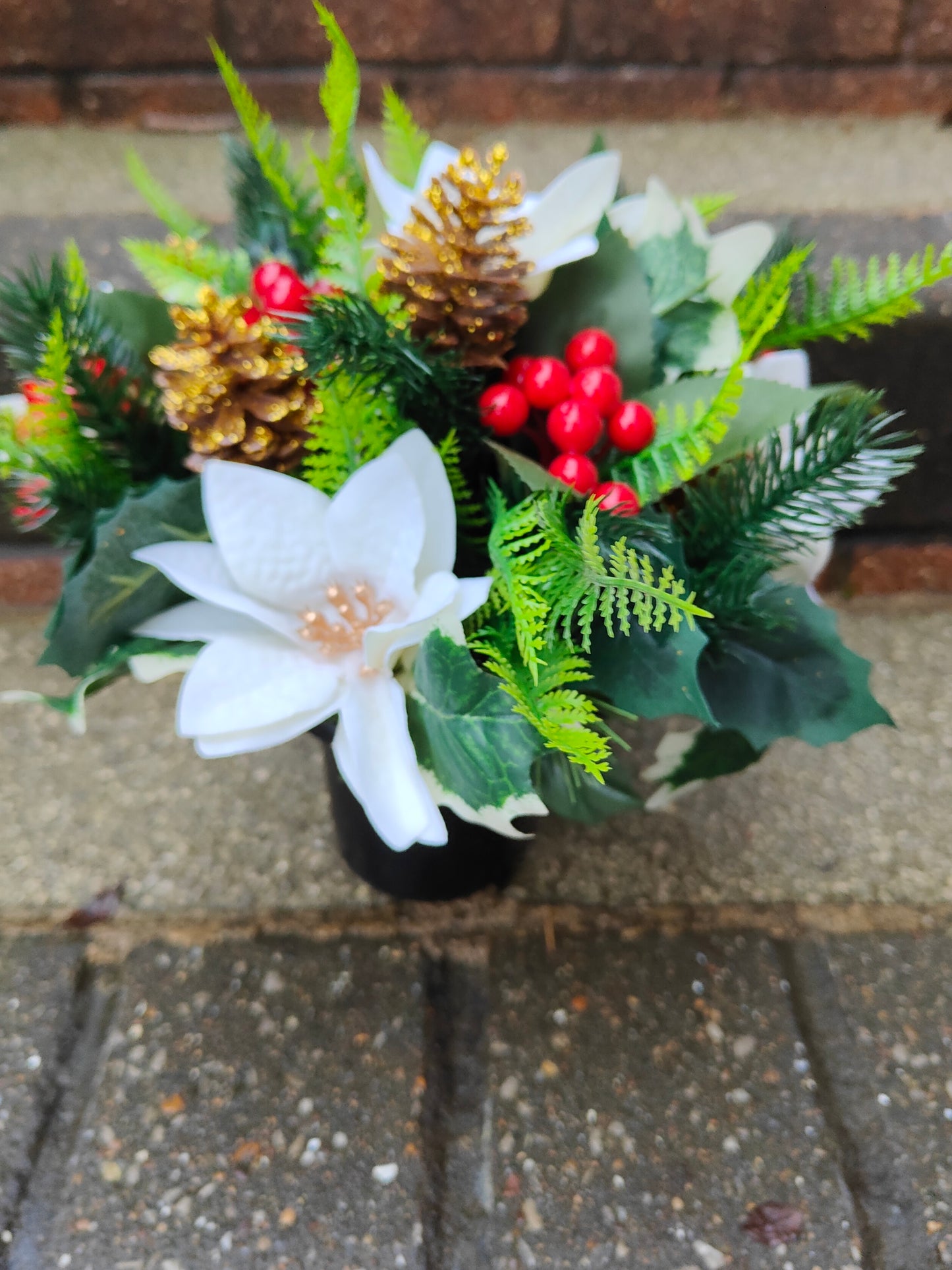 White Poinsettia Christmas Artificial Flower Grave Pot Free P&P