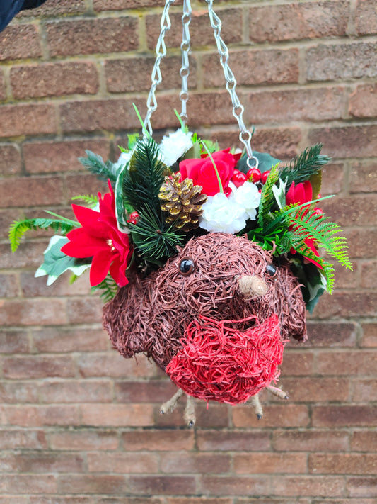 Christmas Robin Red White Poinsettia Artificial Flower Hanging Basket