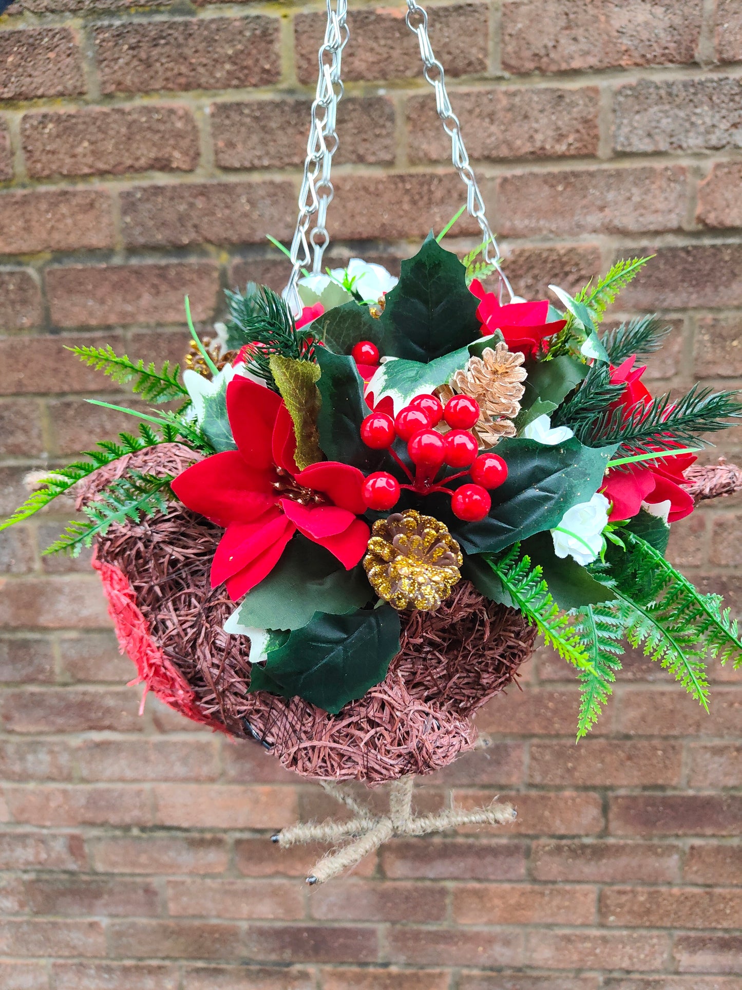 Christmas Robin Red White Poinsettia Artificial Flower Hanging Basket