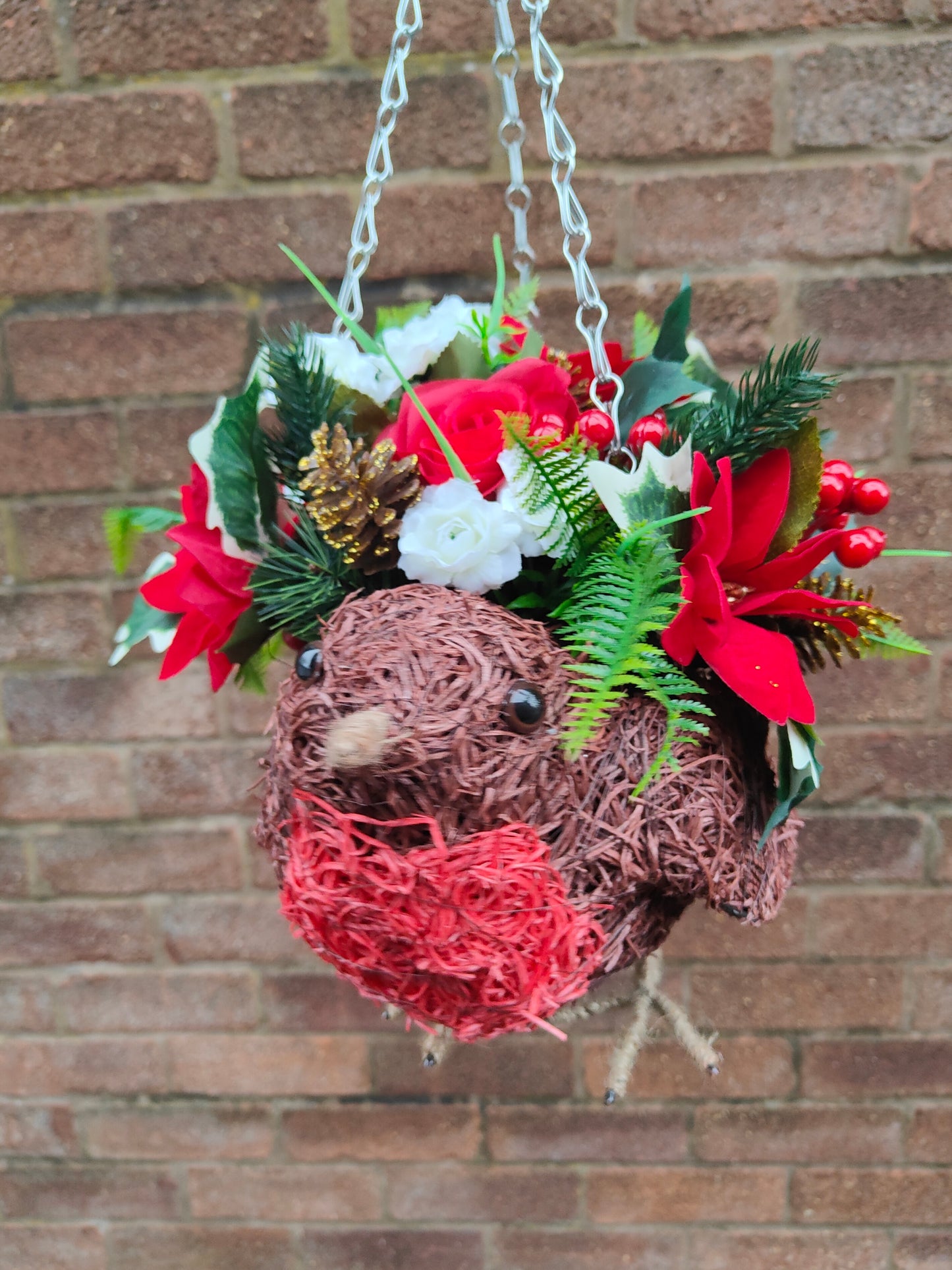 Christmas Robin Red White Poinsettia Artificial Flower Hanging Basket