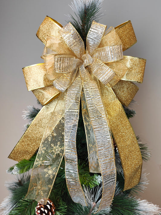 Gold Silver Christmas Tree Topper Bow 14 inch