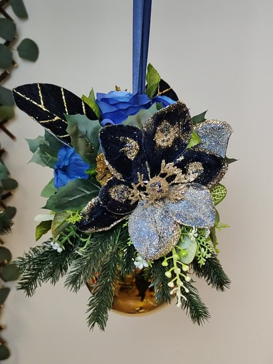 Gold Navy Blue Silver Flower Christmas Gold Bauble Artificial