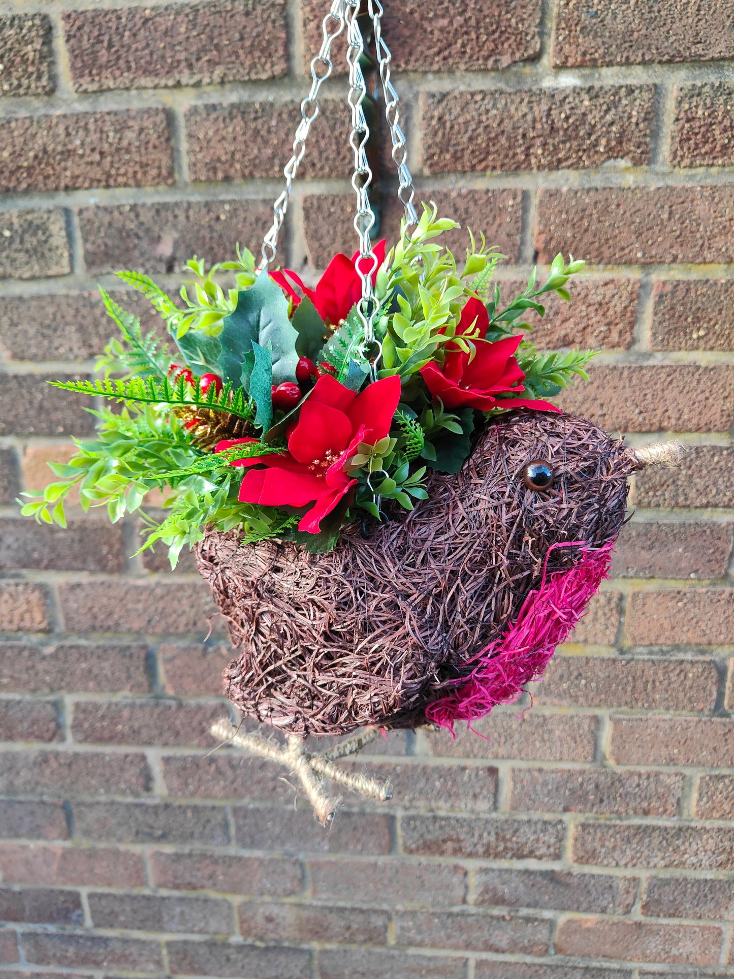 Christmas Robin Red Gold Poinsettia Artificial Flower Hanging Basket