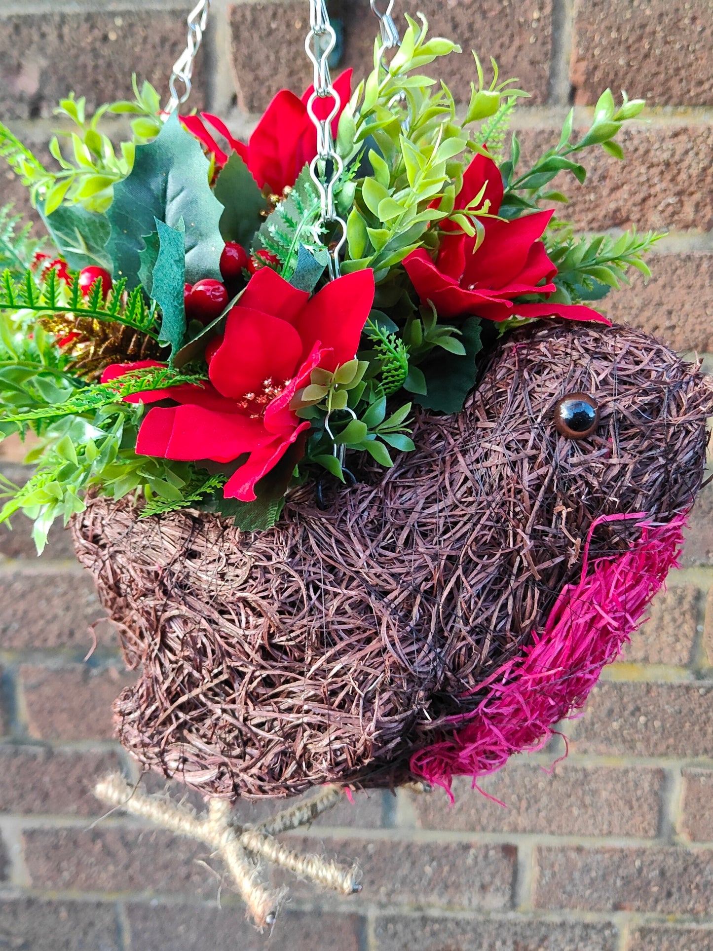 Christmas Robin Red Gold Poinsettia Artificial Flower Hanging Basket