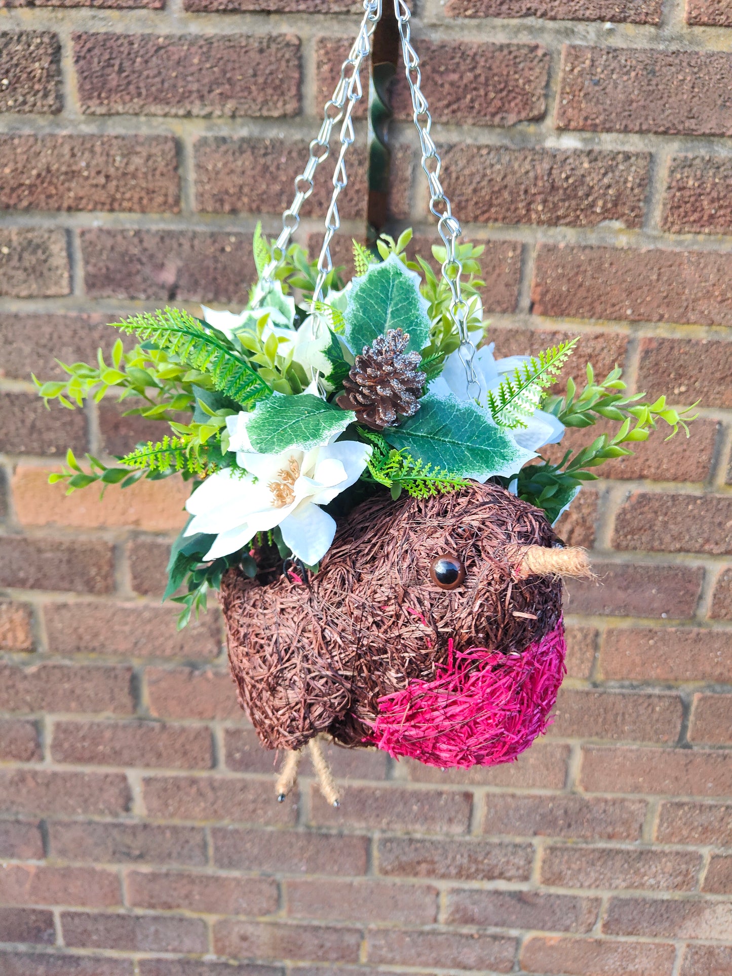 Christmas Robin Cream Holly Silver Poinsettia Artificial Flower Hanging Basket