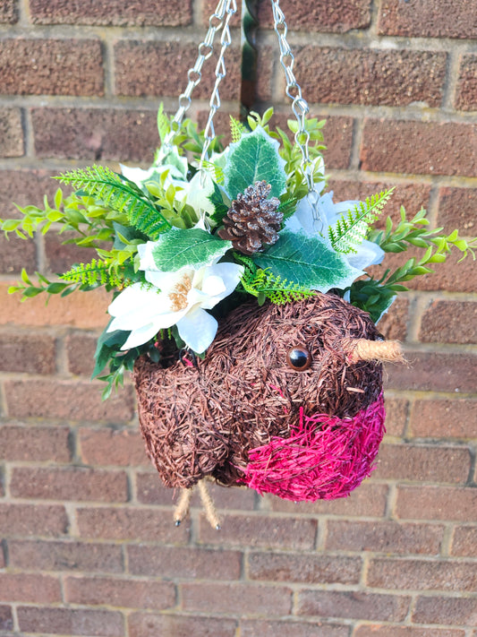 Christmas Robin Cream Holly Silver Poinsettia Artificial Flower Hanging Basket