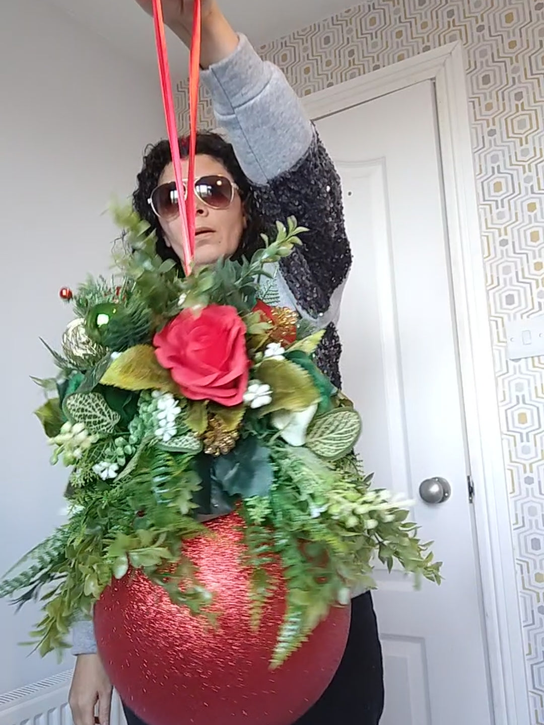 Medium Red Green Flower Christmas Bauble Artificial