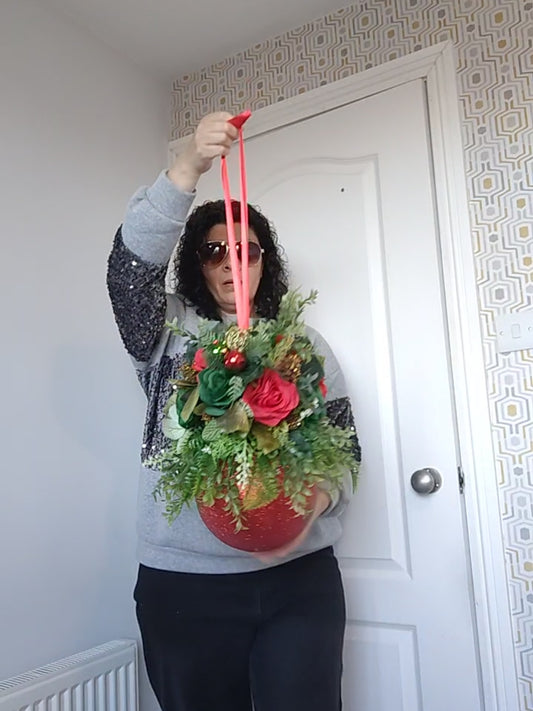 Medium Red Green Flower Christmas Bauble Artificial