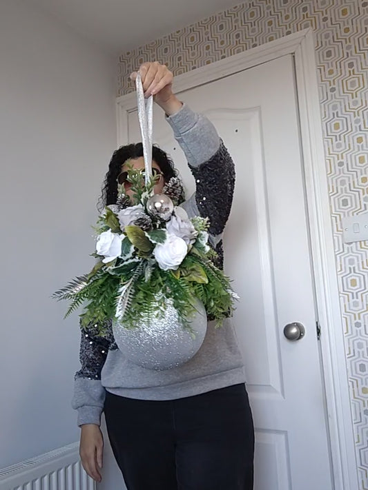 Medium Silver Grey White Flower Christmas Bauble Artificial