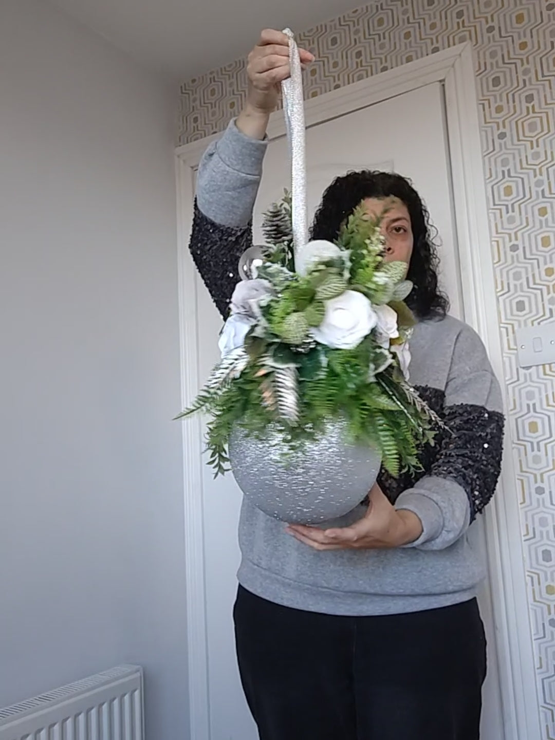 Medium Silver Grey White Flower Christmas Bauble Artificial