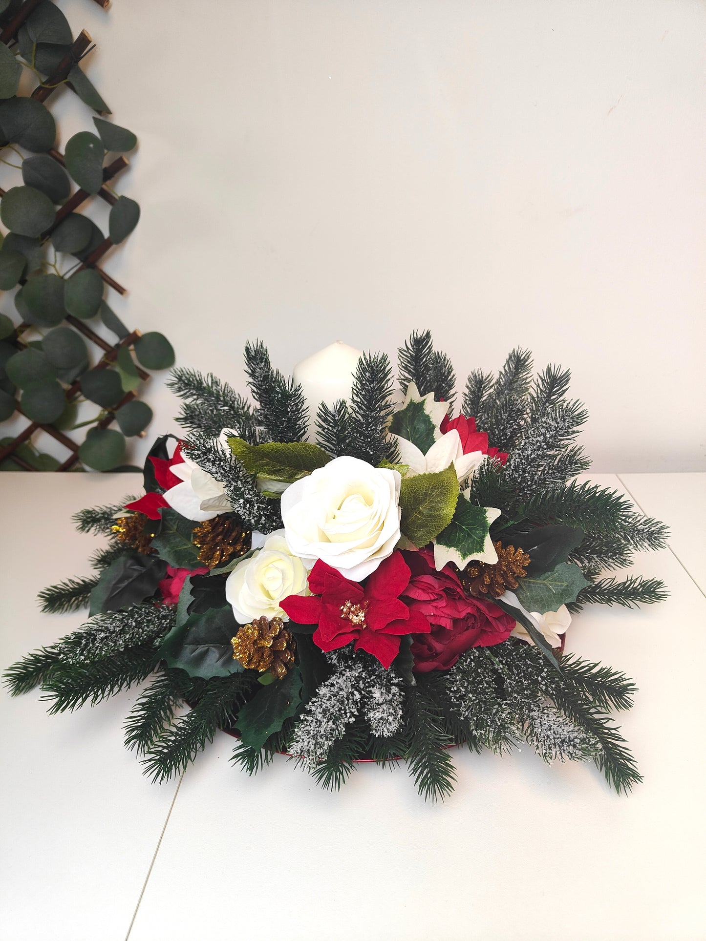 Gold Red and Cream Poinsettia Christmas Candle Arrangement – Artificial Christmas Centerpiece