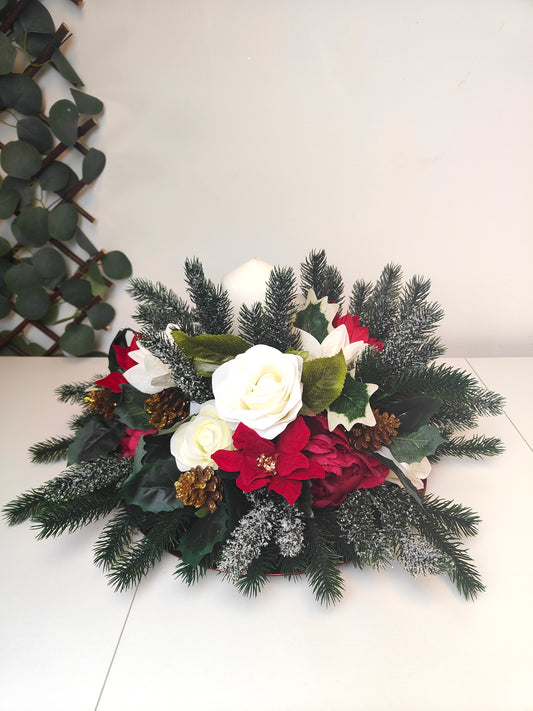 Gold Red and Cream Poinsettia Christmas Candle Arrangement – Artificial Christmas Centerpiece