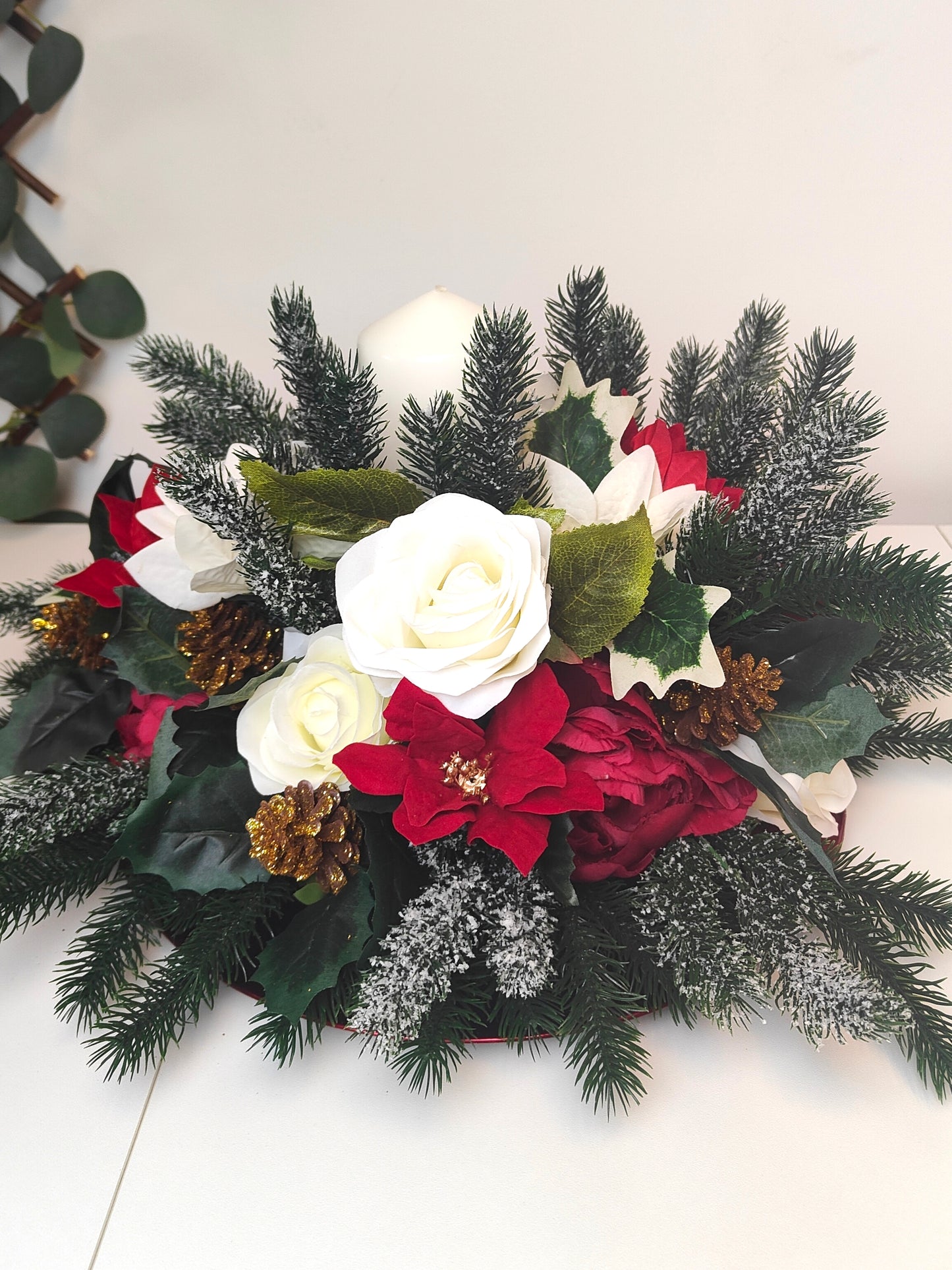 Gold Red and Cream Poinsettia Christmas Candle Arrangement – Artificial Christmas Centerpiece