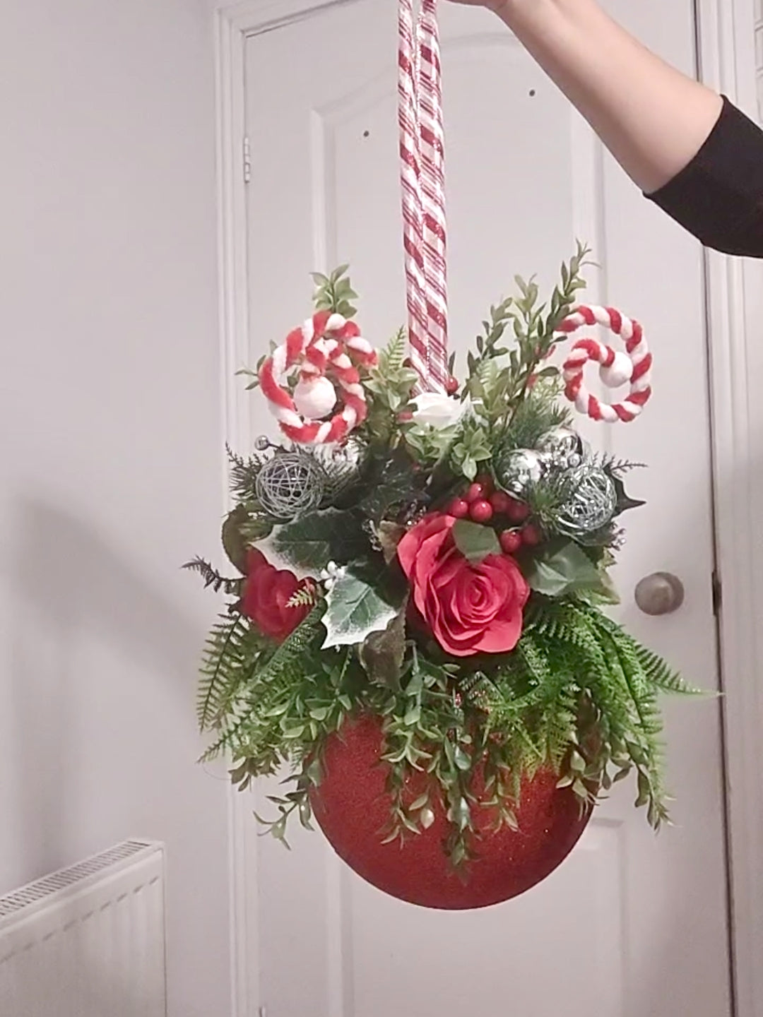 Medium Candycane Red White Silver Flower Christmas Bauble Artificial