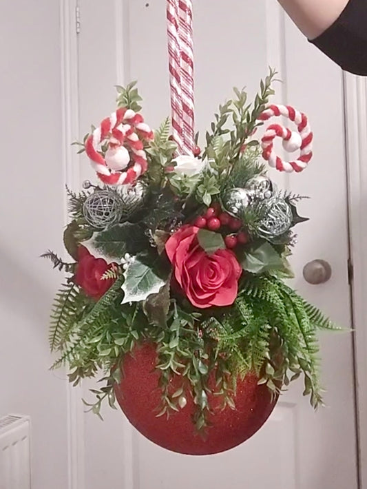 Medium Candycane Red White Silver Flower Christmas Bauble Artificial