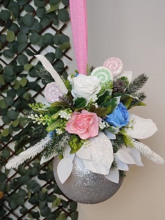 Medium Candyland Pink White Silver Flower Christmas Bauble Artificial