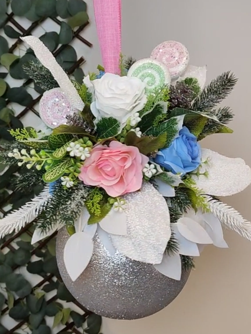 Medium Candyland Pink White Silver Flower Christmas Bauble Artificial