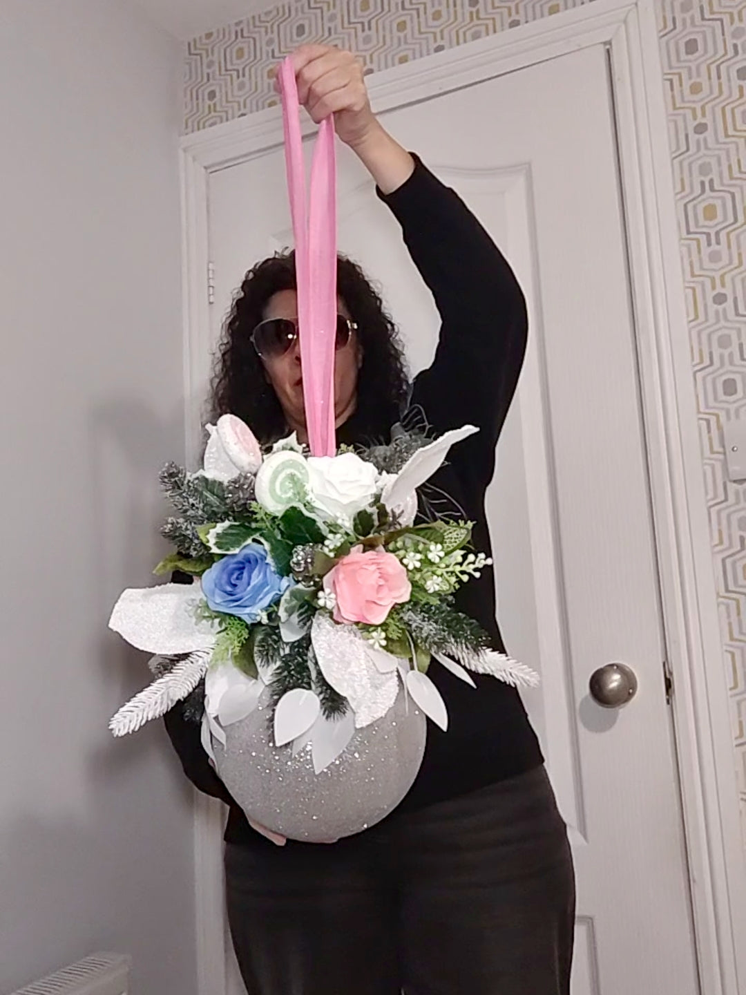 Medium Candyland Pink White Silver Flower Christmas Bauble Artificial