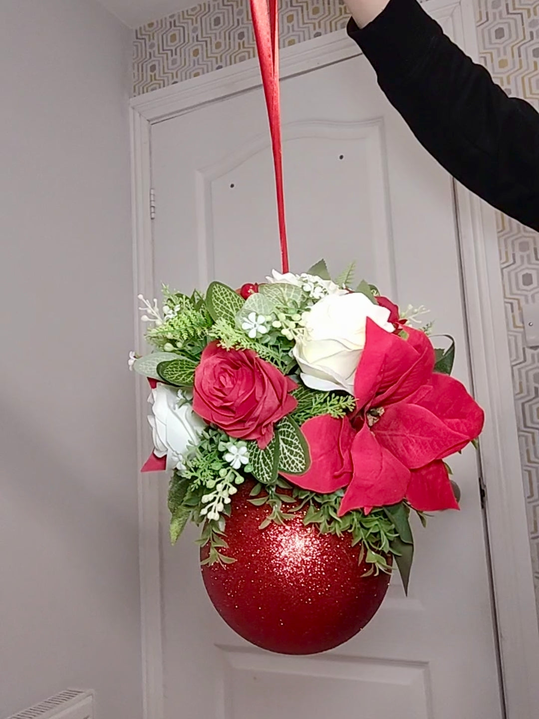 Medium Red Cream Poinsettia Flower Christmas Red Glitter Bauble Artificial