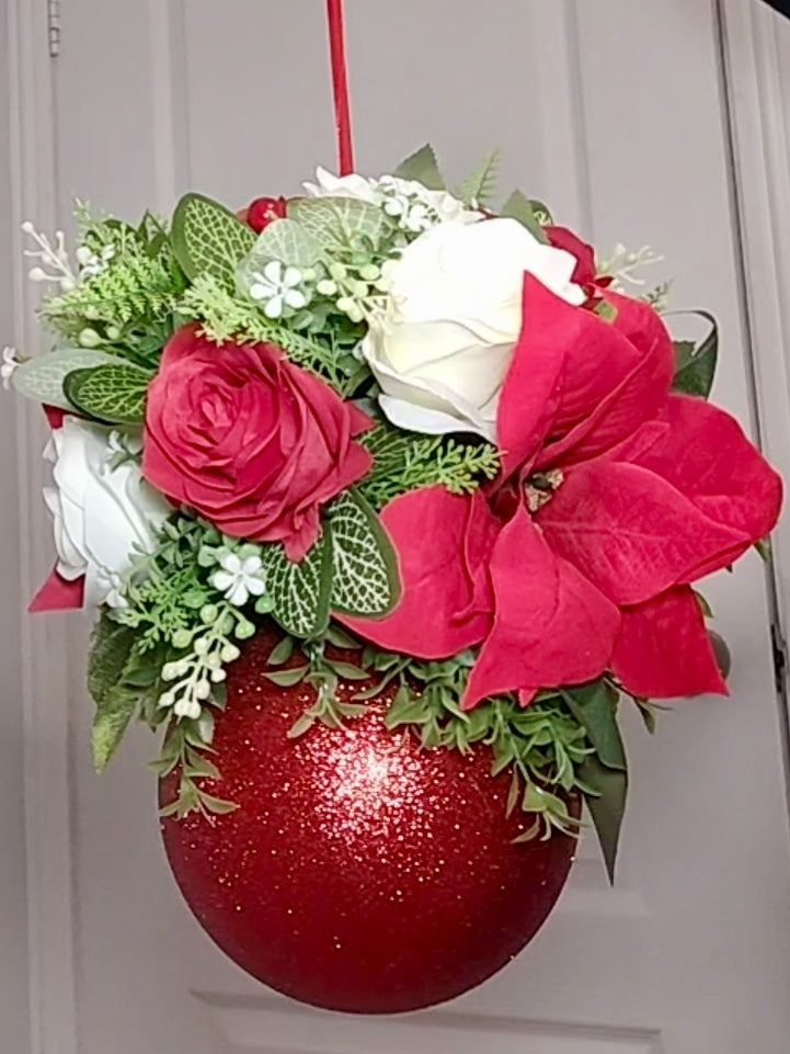 Medium Red Cream Poinsettia Flower Christmas Red Glitter Bauble Artificial