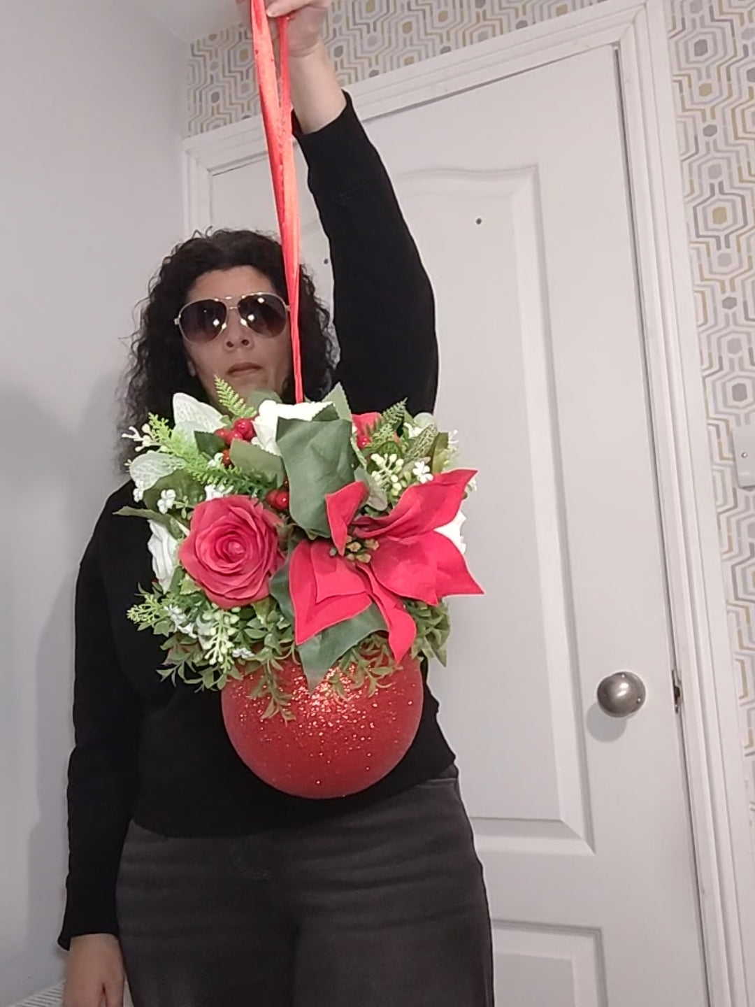 Medium Red Cream Poinsettia Flower Christmas Red Glitter Bauble Artificial