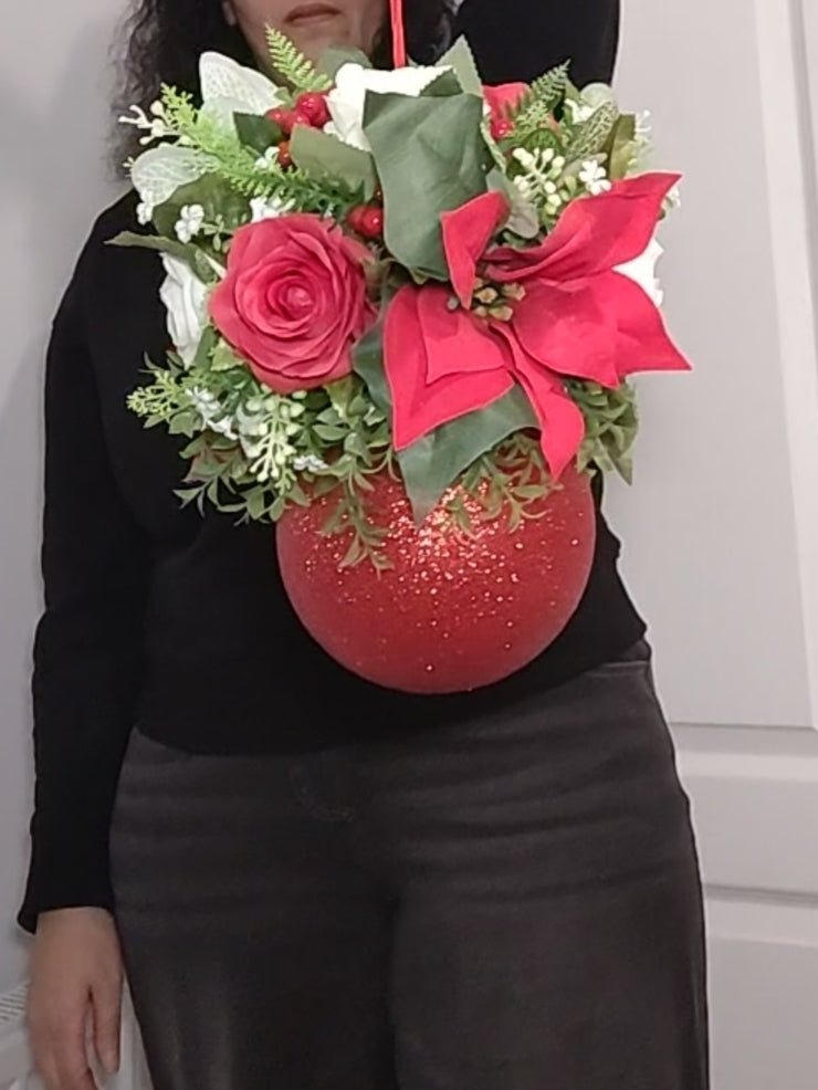 Medium Red Cream Poinsettia Flower Christmas Red Glitter Bauble Artificial