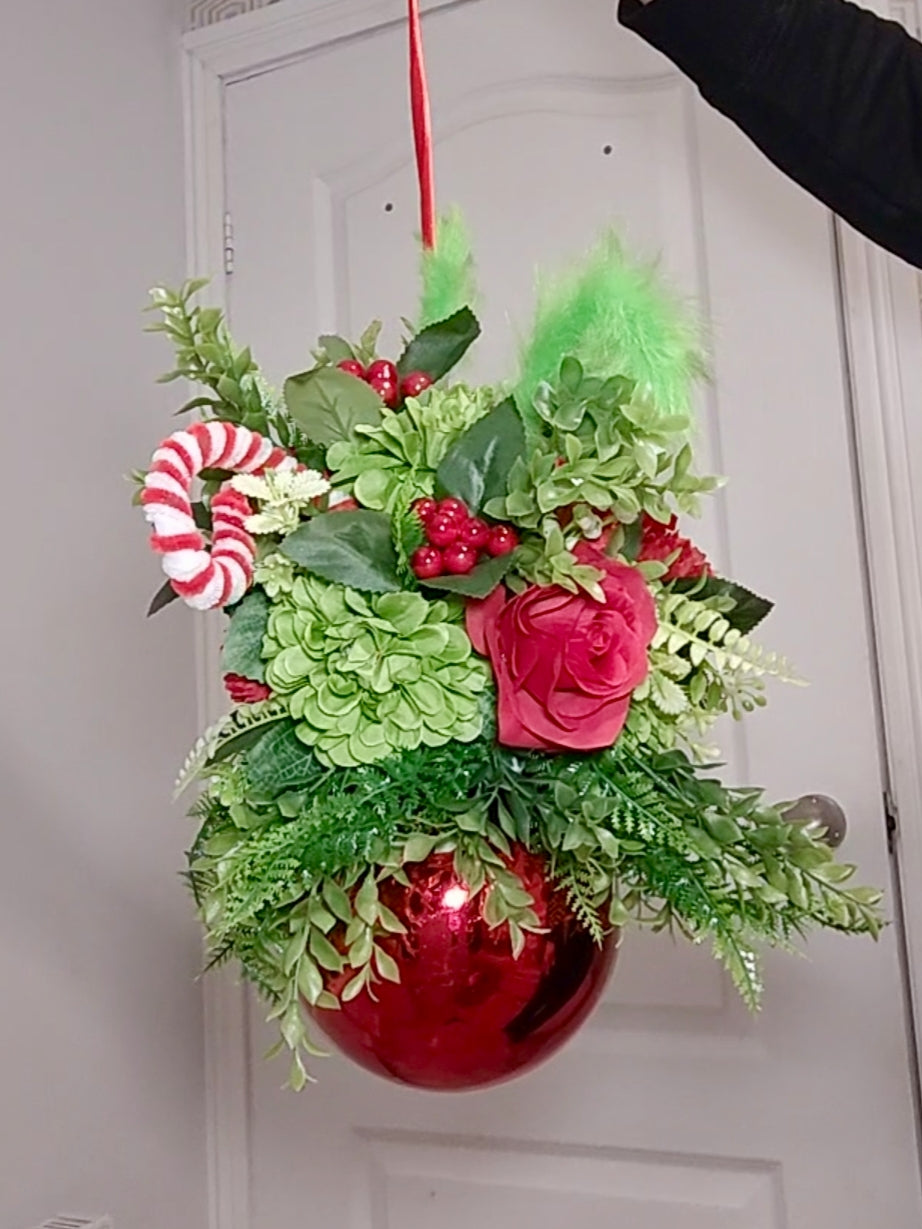 Small Red Green Flower Christmas Green Monster Red Bauble Artificial