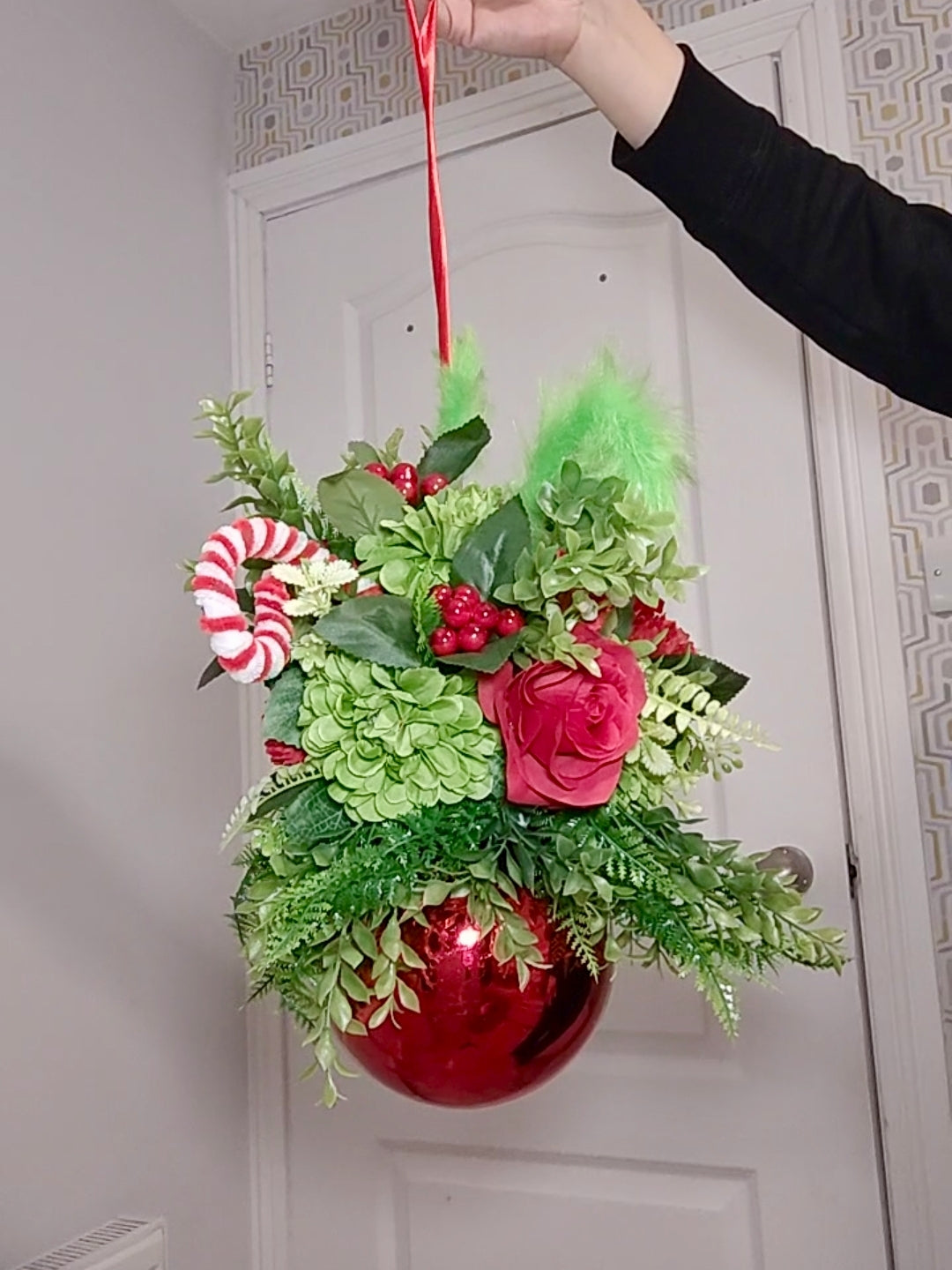 Small Red Green Flower Christmas Green Monster Red Bauble Artificial