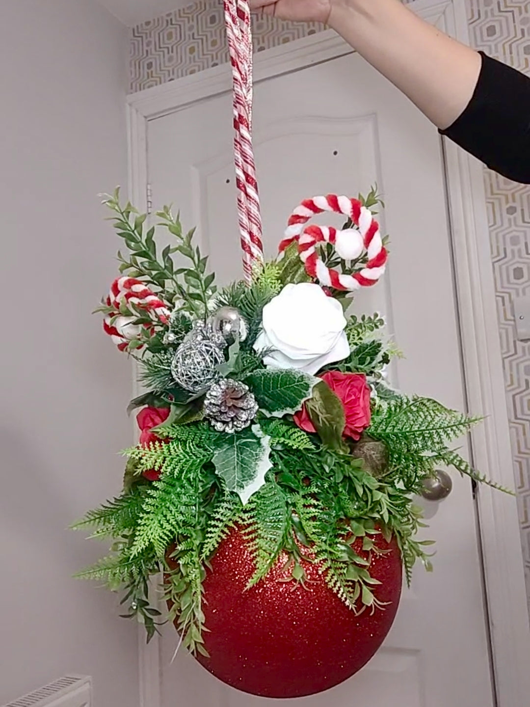 Medium Candycane Red White Silver Flower Christmas Bauble Artificial