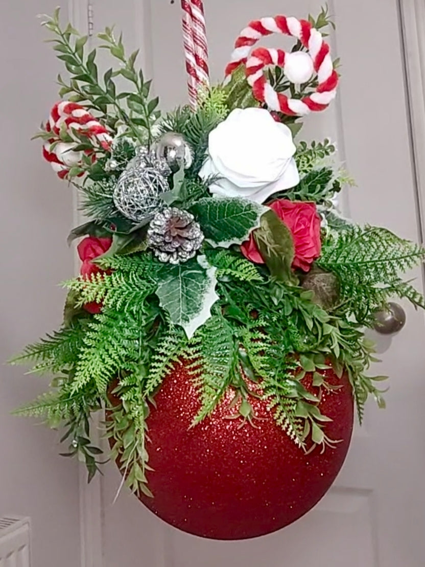 Medium Candycane Red White Silver Flower Christmas Bauble Artificial
