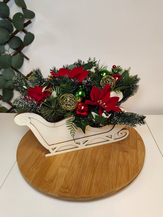 Red Gold and Green Poinsettia Christmas Sleigh Arrangement – Artificial Christmas Centerpiece