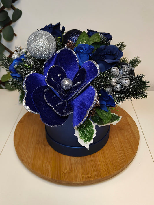 Blue and Silver Christmas Hat Box Arrangement – Artificial Christmas Centerpiece